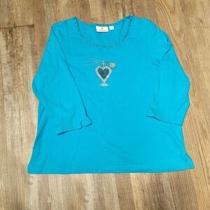 Quacker Factory Top M Blue Perfume Bottle Embellished Womens